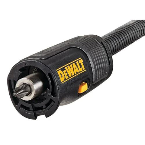 Close-up of Right Angle Drill Attachment 4-In-1 System with 12-Inch Compact Straight Flexible Shaft and drill bit inserted
