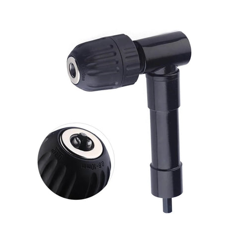 Right Angle Drill Attachment For Tight Spaces 90 Degree Cordless Drill Adapter With 1500 RPM And 25 Nm Torque Fits Most Hand And Electric Drills Easy To Install Angled Extension Tool For Hard To Reach Work, black metal design, close-up view.
