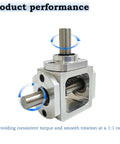 Right Angle Gearbox Bevel Drive OneToOne 10mm Output Shafts Al Frame ProGrade showing stainless steel shafts and bevel gears