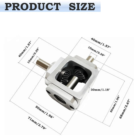 Right Angle Gearbox Bevel Drive OneToOne 10mm Output Shafts Al Frame ProGrade with dimensions and visible bevel gears.