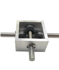 Front view of 1:1 Right Angle Bevel Gearbox 1.5 Module 20 Teeth 90° Angle Drive Steering Gear Device with visible metal shafts.