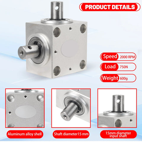 Right Angle Gearbox 90 Degree Drive 1 To 1 Torque 15mm Shaft Aluminum Housing with product details and close-up view.