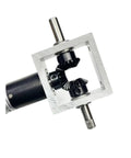 Right Angle Gearbox Kit With Two Reverse Output Shafts And 24V DC Motor Drive, showing dual shafts and aluminum casing