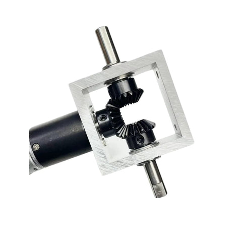 Right Angle Gearbox Kit With Two Reverse Output Shafts And 24V DC Motor Drive, showing dual shafts and aluminum casing