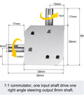 Tapered Bevel Gear Box 1to1 With Right Angle Drive Shafts 8mm 20 Teeth For Diy, showing aluminum frame and SS shaft dimensions.