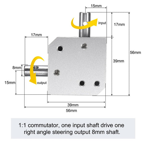 Tapered Bevel Gear Box 1to1 With Right Angle Drive Shafts 8mm 20 Teeth For Diy, showing aluminum frame and SS shaft dimensions.