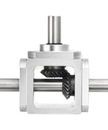 Right Angle Bevel Gearbox 1to1 20 Teeth Aluminum Frame Dual Output 10mm Shaft in aluminum frame, front view