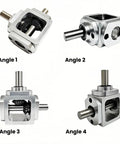 Right Angle Gearbox Bevel Drive OneToOne 10mm Output Shafts Al Frame ProGrade in various angles showing aluminum frame and bevel gears