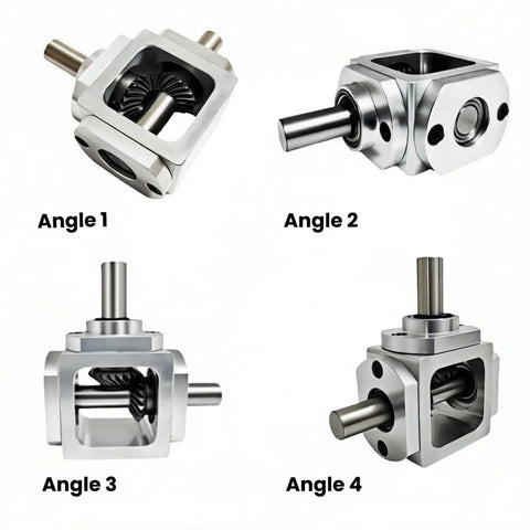 Right Angle Gearbox Bevel Drive OneToOne 10mm Output Shafts Al Frame ProGrade in various angles showing aluminum frame and bevel gears