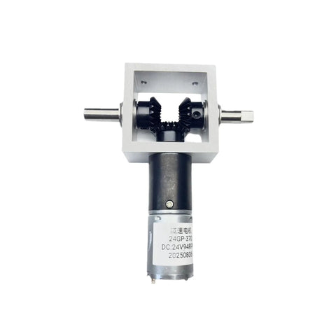 Right Angle Gearbox Kit With Two Reverse Output Shafts And 24V DC Motor Drive, front view showing dual output shafts and motor.