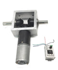 Right Angle Gearbox Kit with Two Reverse Output Shafts and 24V DC Motor Drive, showing gears and controller on a white background.