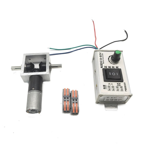 Right Angle Gearbox Kit With Two Reverse Output Shafts And 24V DC Motor Drive, controller, connectors.