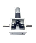 Front view of Right Angle Gearbox Kit With Two Reverse Output Shafts And 24V DC Motor Drive, showing gears and input shaft.