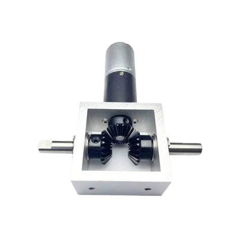 Front view of Right Angle Gearbox Kit With Two Reverse Output Shafts And 24V DC Motor Drive, showing gears and input shaft.