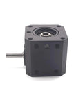Front view of a compact right angle gearbox for NEMA 17 stepper motor, featuring a visible 5 mm shaft and spiral bevel gears.