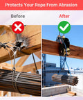 90 Degree Right Angle Lifting Pulley System For Material Handling And Construction, Heavy Duty Alloy Steel With Dual Hooks And Steel Bearing Roller, Abrasion Resistant Rope Guide To Protect Loads And Edges, Rope Not Included, installed comparison before and after