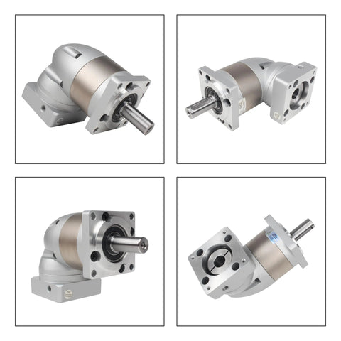 Collage of right angle planetary gearbox for NEMA23 stepper motor 7:1 reducer 14mm output from different angles