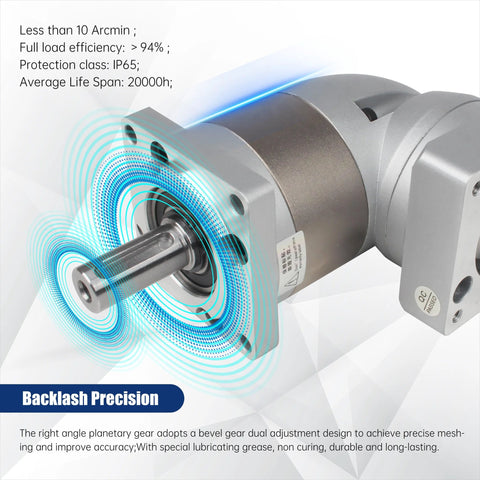 Right Angle Planetary Gearbox For Nema23 Stepper Motor 7:1 Reducer 14mm Output, close-up view with IP65 protection details