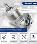 Front view of Right Angle Planetary Gearbox For Nema23 Stepper Motor 7:1 Reducer 14mm Output with metal frame and seals.