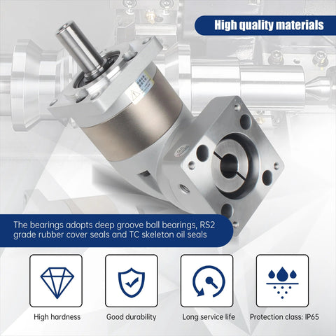 Front view of Right Angle Planetary Gearbox For Nema23 Stepper Motor 7:1 Reducer 14mm Output with metal frame and seals.