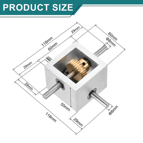 Right Angle Worm Gearbox 90 Degree 1To30 Reduction 1 Module 30 Teeth 8mm Shaft Aluminum Frame with dimensions 118x118x50mm