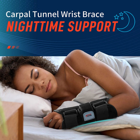 Woman sleeping wearing Wrist Brace For Carpal Tunnel Right Hand Night And Day Support Removable Metal Splint With Three Adjustable Straps