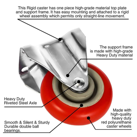 Close-up of 12 Pack 4 Inch Rigid Caster Wheels with red polyurethane tires and top plate mounting featuring non swivel fixed design.