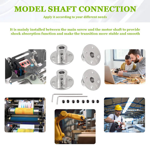Four Piece 5mm Bore Rigid Flange Coupling Set with corrosion resistant 45 steel for RC shafts, tools, and installation examples