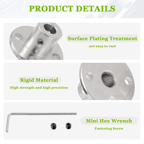 Four Piece 5mm Bore Rigid Flange Coupling Set for RC Shafts with surface plating, rigid material, mini hex wrench, and fastening screws.