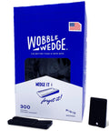 Rigid Plastic Shims For Leveling 300 Pack Made In USA Black Wobble Wedges box with two black shims on display