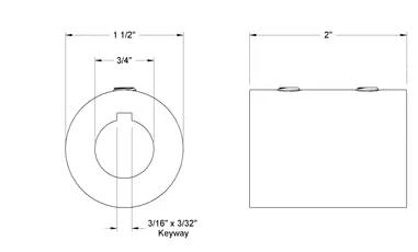 Technical drawing of a rigid shaft coupler with a 3/4 bore, 1-1/2 inch outer diameter, 2 inch length, featuring detailed dimensions.