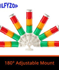 Industrial Signal Tower Light With Red Green And Yellow LED Indicators Built In Buzzer For Clear Alerts In Noisy Environments High Brightness 110 To 120V AC Durable Design Ideal For Industrial Equipment Alarms Rilfyzop T50 2WJB with 180 degree adjustable mount.