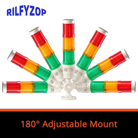 Industrial Signal Tower Light With Red Green And Yellow LED Indicators Built In Buzzer For Clear Alerts In Noisy Environments High Brightness 110 To 120V AC Durable Design Ideal For Industrial Equipment Alarms Rilfyzop T50 2WJB with 180 degree adjustable mount.