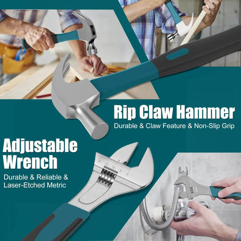 Rip claw hammer and adjustable wrench with non-slip grip from 257 Piece DIY Ready Home Tool Kit for household repairs.