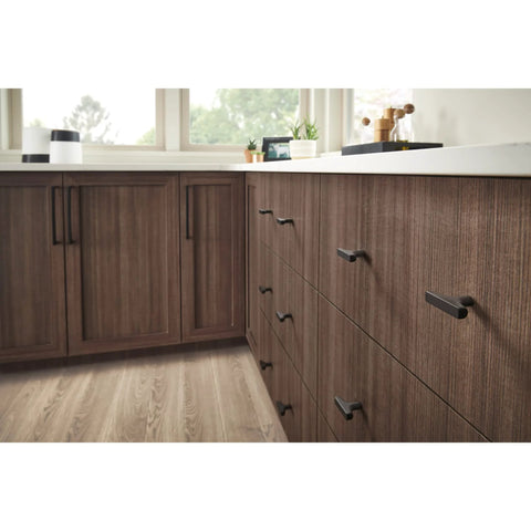 Top Knobs Riverside Three And Three Quarters Inch Center To Center Cabinet Pull In Black Finish TK1012BLK installed on kitchen drawers