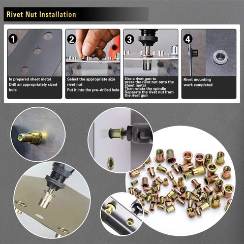 Installation process of Pressure Rivet Nut Tool Kit, 430Pcs Metric Rivet Nut Combination (M8/M6/M5/M4/M3) with visual steps.