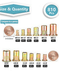 Rivet Nut Kit, 810pcs SAE & Metric Rivet Nut Assortment, galvanized carbon steel sizes compared to a penny, various flat head sizes