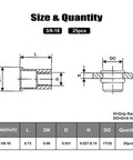 Technical diagram of 25 Pack Rivet Nut Set 3/8-16 UNC In 304 Stainless Steel With Knurled Body including size and quantity details.