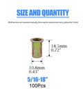 Flat Head Rivet Nut Set 100 Pcs Five Sixteenth Inch 18 UNC Zinc Plated Carbon Steel Rivet Nuts Threaded Inserts Size