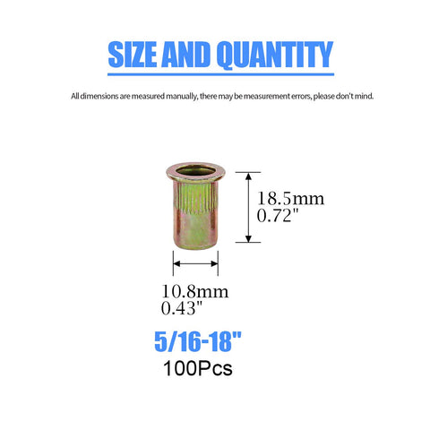 Flat Head Rivet Nut Set 100 Pcs Five Sixteenth Inch 18 UNC Zinc Plated Carbon Steel Rivet Nuts Threaded Inserts Size