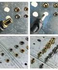 Close-up of 25 Pack Rivet Nut Set 3/8-16 UNC in 304 stainless steel with knurled body shown installed and laid out on metal surface.
