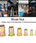 160 Piece Pull Rivet Nut Set, Zinc Plated Carbon Steel Nutserts Kit, Mixed Sizes M3 to M10 shown with examples of application