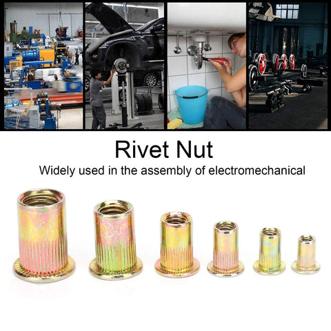 160 Piece Pull Rivet Nut Set, Zinc Plated Carbon Steel Nutserts Kit, Mixed Sizes M3 to M10 shown with examples of application
