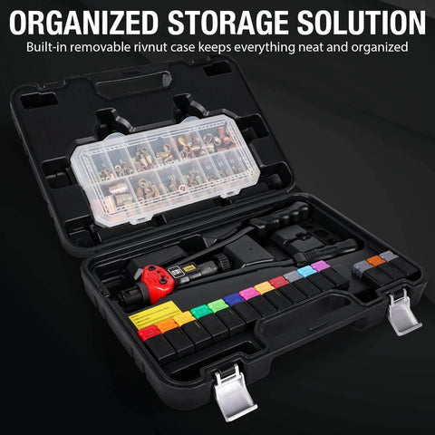 Rivet Nut Tool, 16-inch Rivnut Tool Kit with organized case, showing 15 SAE & Metric Mandrels and 236pcs Rivnut Assortment