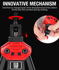 Close-up of Rivet Nut Tool with innovative mechanism, featuring tool-free head change and mandrel locking in use.
