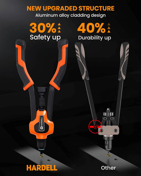 Comparison of HARDOLL and other brands' rivet nut tools, highlighting new upgraded structure with increased safety and durability.