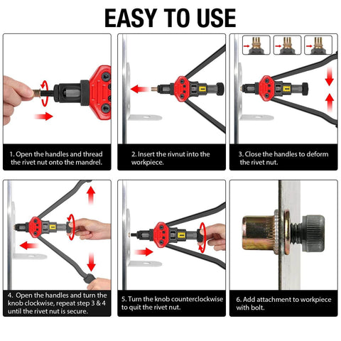 Step-by-step guide on using the Rivet Nut Tool, 16-inch Rivnut Tool Kit with 15 SAE & Metric Mandrels, 236pcs Rivnut Assortment Kit