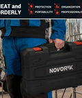 Person carrying rugged case for Rivet Nut Tool Kit 16 Inch Pro Grade Set With 15 Mandrels And 182 Rivet Nuts, ideal for metalwork.