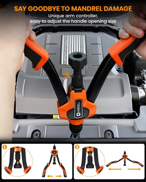 Rivet Nut Tool Kit demonstrating use with unique force arm control on machinery, showcasing handle adjustment feature.