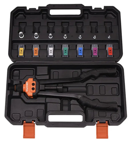 16 Inch Rivet Nut Tool Kit with 7 interchangeable mandrels M3 to M12 and 70 rivet nuts in a heavy duty carrying case